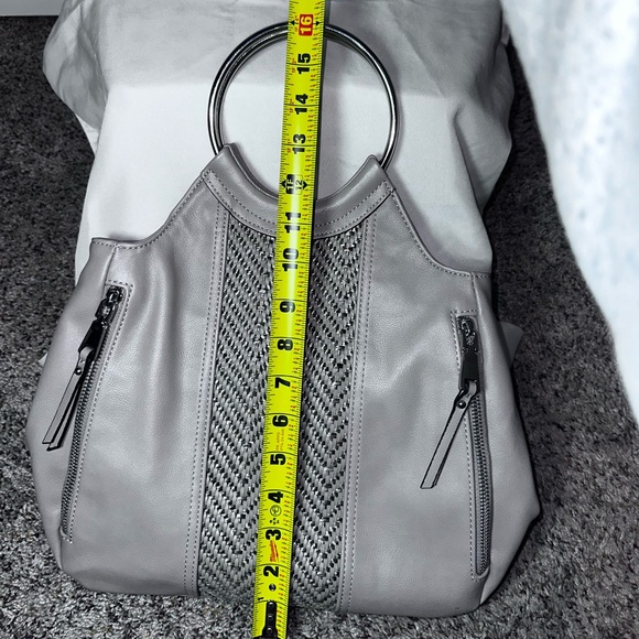 Gray Ring Handle Woven Panel Tote Handbag Faux Leather Modern Minimalist - Picture 11 of 13